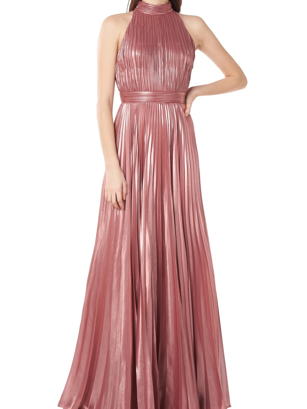 Theia Metallic Pleated Halter Maxi Dress in Dusty Rose